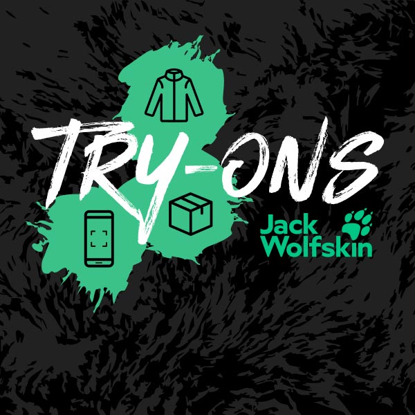 Grafik für die ‚TRY-ONS‘-Kampagne von Jack Wolfskin mit Icons für Kleidung, einem Paket und ein Smartphone