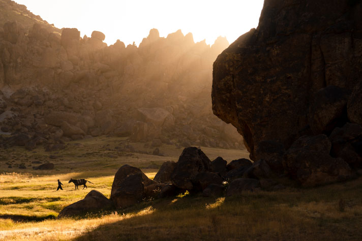 Un cheval et une personne au soleil entre des rochers