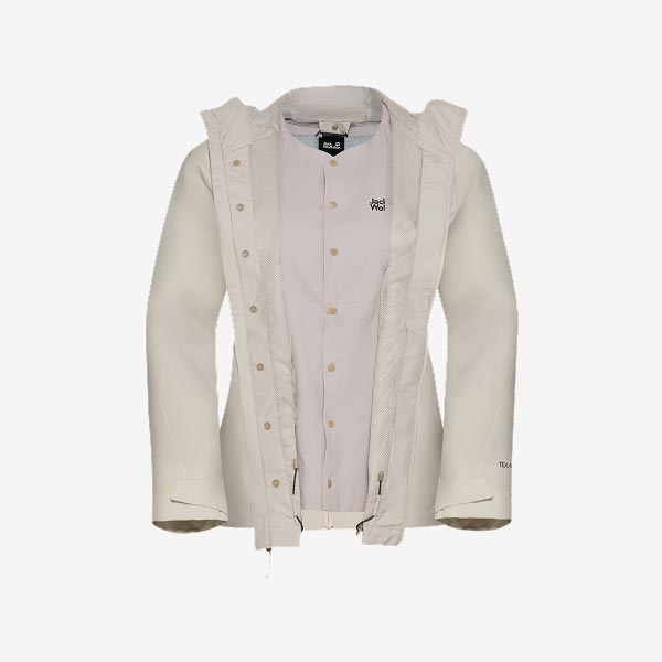 La veste Wild Places 3in1 Jkt pour hommes est de couleur taupe et noire et rose vif pour femmes ; toutes les deux sont équipées d’une capuche et d’un zip.