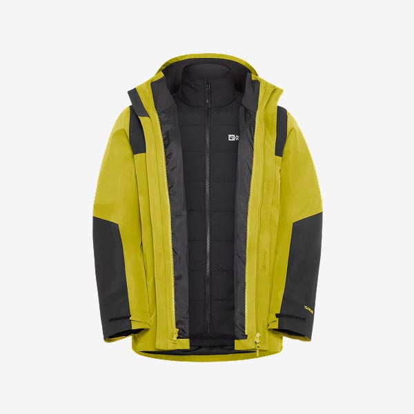 Veste 3en1 jaune de Jasper pour hommes avec capuche et applications noires contrastantes sur les épaules et les manches.